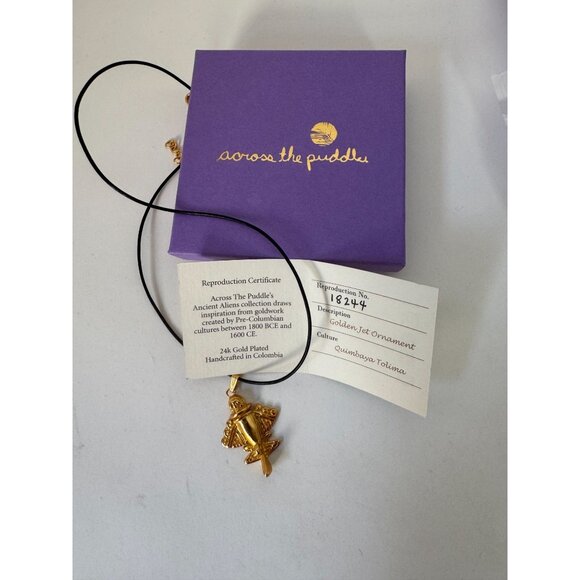 24K Gold Plated Quimbaya Tolima Pendant Necklace On Black Cord - Picture 7 of 11